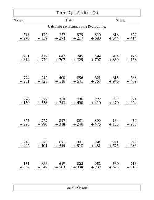 The Three-Digit Addition With Some Regrouping – 49 Questions (Z) Math Worksheet