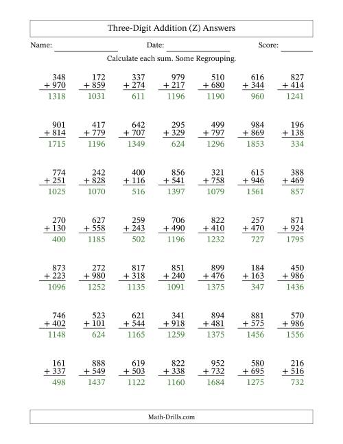 The Three-Digit Addition With Some Regrouping – 49 Questions (Z) Math Worksheet Page 2