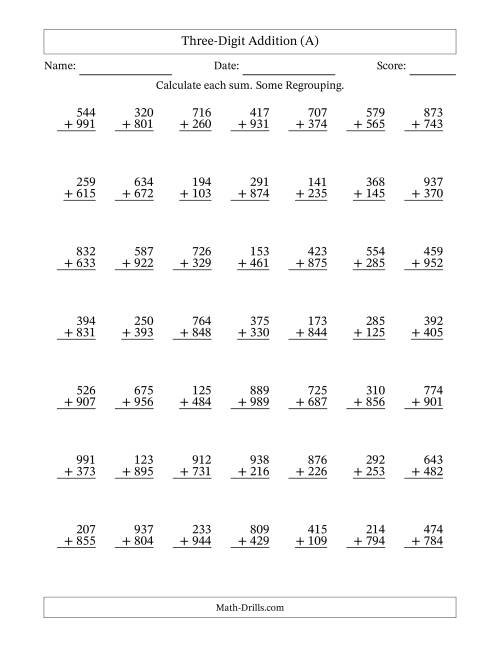 The Three-Digit Addition With Some Regrouping – 49 Questions (All) Math Worksheet