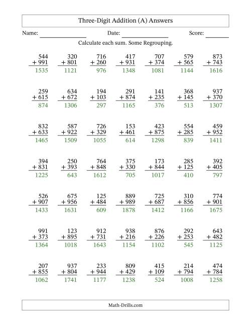 The Three-Digit Addition With Some Regrouping – 49 Questions (All) Math Worksheet Page 2