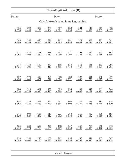 The Three-Digit Addition With Some Regrouping – 100 Questions (B) Math Worksheet