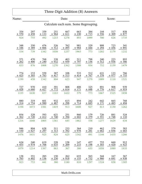 The Three-Digit Addition With Some Regrouping – 100 Questions (B) Math Worksheet Page 2