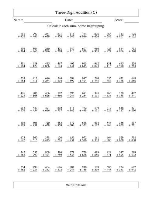 The Three-Digit Addition With Some Regrouping – 100 Questions (C) Math Worksheet