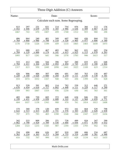 The Three-Digit Addition With Some Regrouping – 100 Questions (C) Math Worksheet Page 2