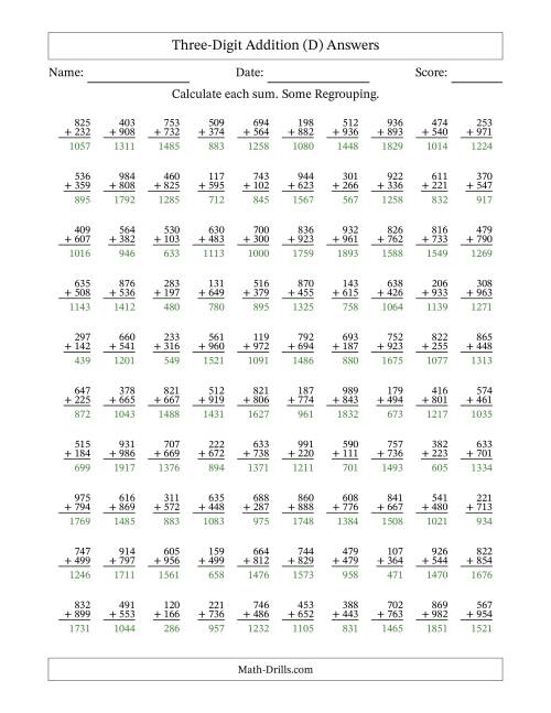 The Three-Digit Addition With Some Regrouping – 100 Questions (D) Math Worksheet Page 2