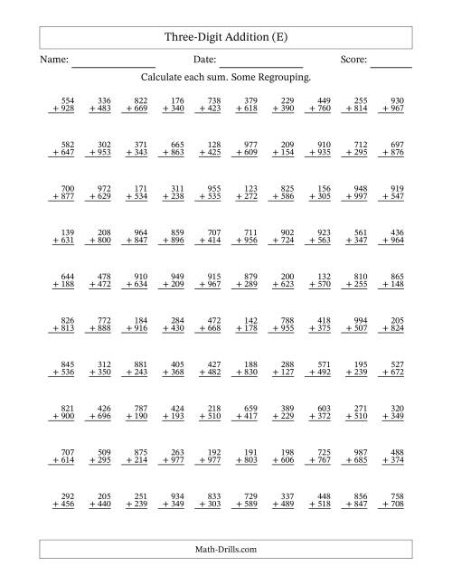 The Three-Digit Addition With Some Regrouping – 100 Questions (E) Math Worksheet