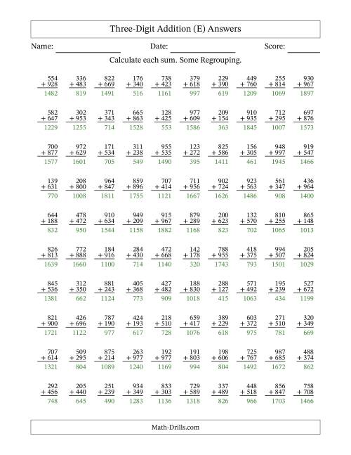 The Three-Digit Addition With Some Regrouping – 100 Questions (E) Math Worksheet Page 2