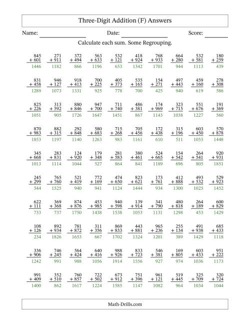The Three-Digit Addition With Some Regrouping – 100 Questions (F) Math Worksheet Page 2