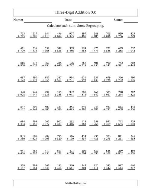 The Three-Digit Addition With Some Regrouping – 100 Questions (G) Math Worksheet