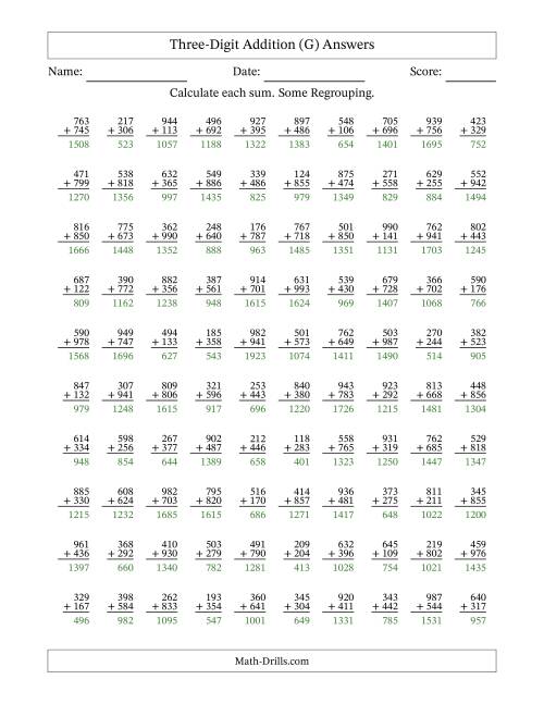The Three-Digit Addition With Some Regrouping – 100 Questions (G) Math Worksheet Page 2