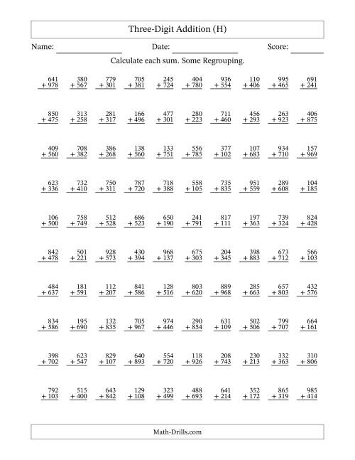The Three-Digit Addition With Some Regrouping – 100 Questions (H) Math Worksheet