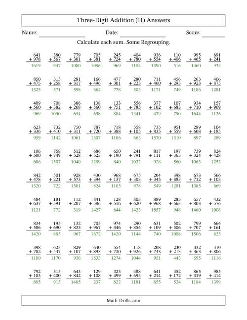 The Three-Digit Addition With Some Regrouping – 100 Questions (H) Math Worksheet Page 2