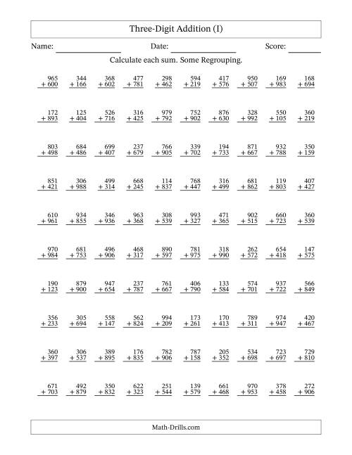 The Three-Digit Addition With Some Regrouping – 100 Questions (I) Math Worksheet