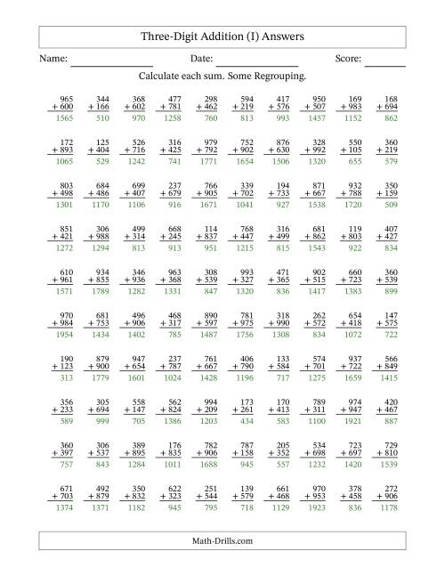 The Three-Digit Addition With Some Regrouping – 100 Questions (I) Math Worksheet Page 2