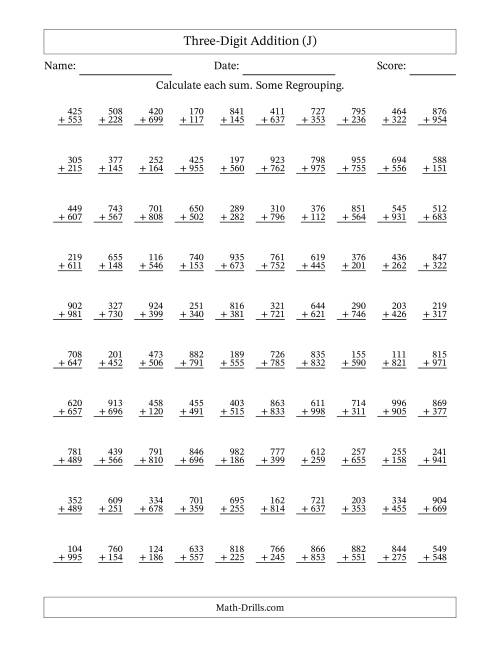 The Three-Digit Addition With Some Regrouping – 100 Questions (J) Math Worksheet