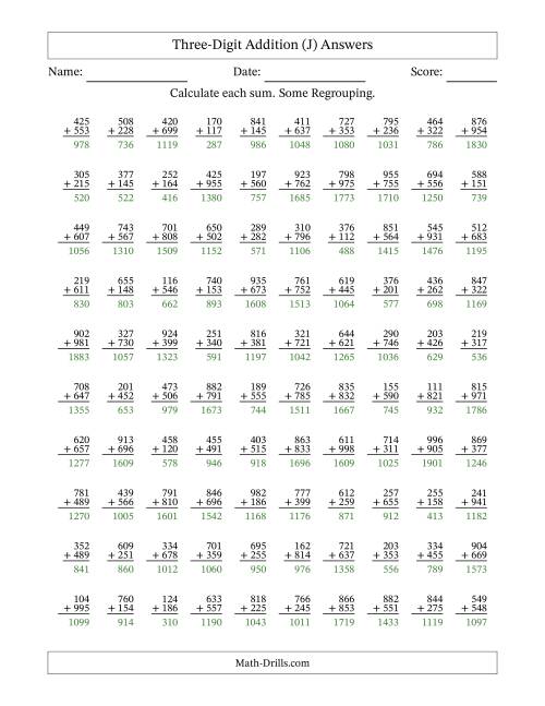 The Three-Digit Addition With Some Regrouping – 100 Questions (J) Math Worksheet Page 2
