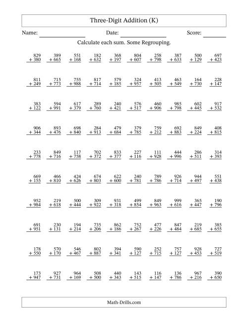 The Three-Digit Addition With Some Regrouping – 100 Questions (K) Math Worksheet