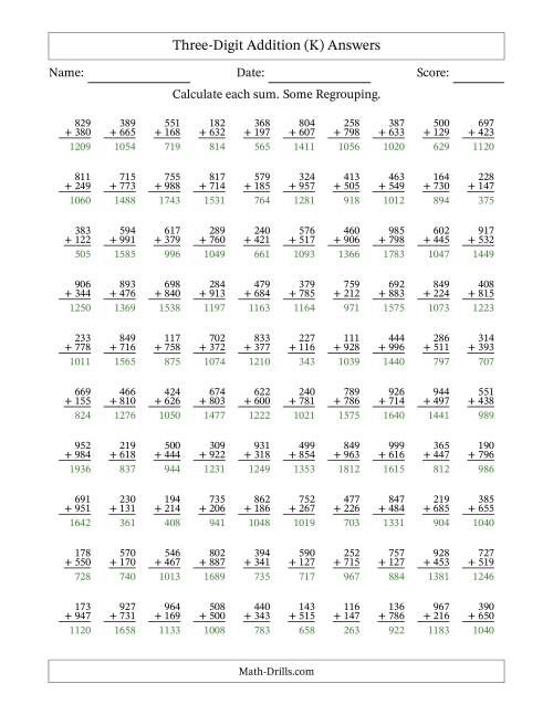 The Three-Digit Addition With Some Regrouping – 100 Questions (K) Math Worksheet Page 2