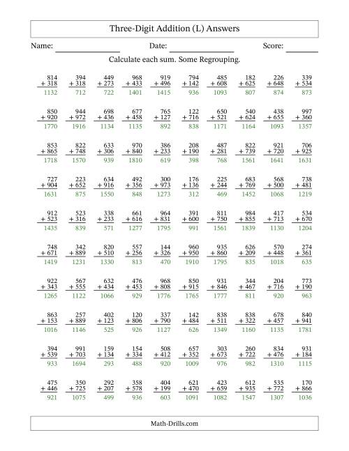 The Three-Digit Addition With Some Regrouping – 100 Questions (L) Math Worksheet Page 2