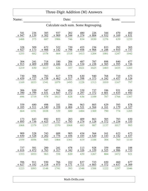 The Three-Digit Addition With Some Regrouping – 100 Questions (M) Math Worksheet Page 2