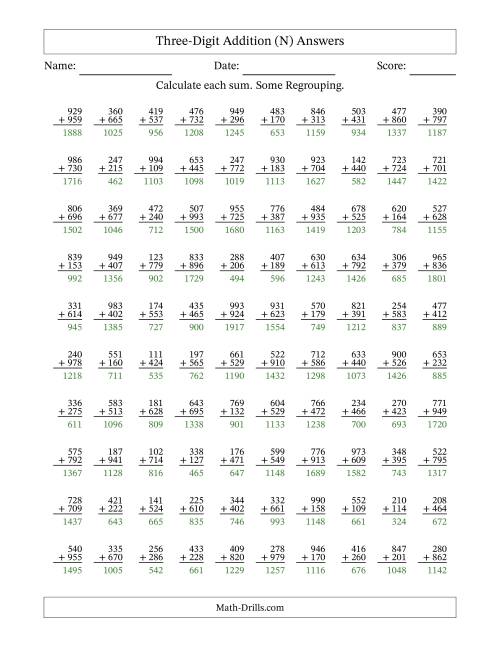 The Three-Digit Addition With Some Regrouping – 100 Questions (N) Math Worksheet Page 2