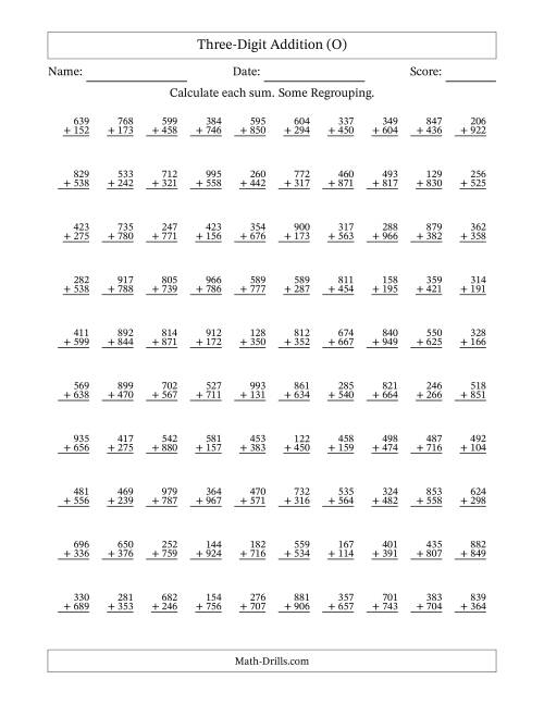 The Three-Digit Addition With Some Regrouping – 100 Questions (O) Math Worksheet