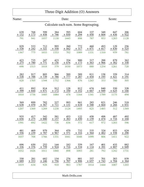 The Three-Digit Addition With Some Regrouping – 100 Questions (O) Math Worksheet Page 2