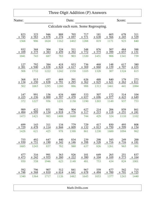 The Three-Digit Addition With Some Regrouping – 100 Questions (P) Math Worksheet Page 2