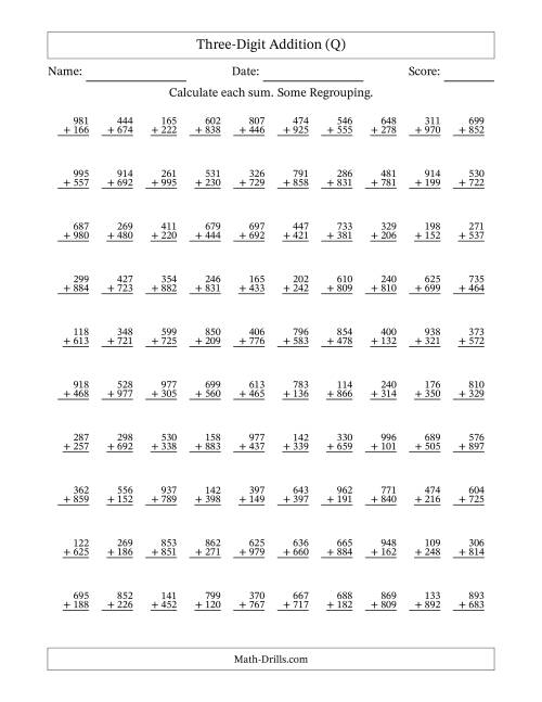 The Three-Digit Addition With Some Regrouping – 100 Questions (Q) Math Worksheet