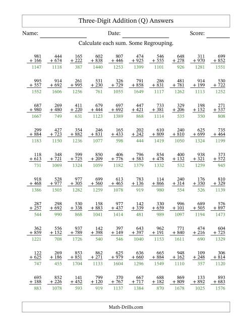 The Three-Digit Addition With Some Regrouping – 100 Questions (Q) Math Worksheet Page 2