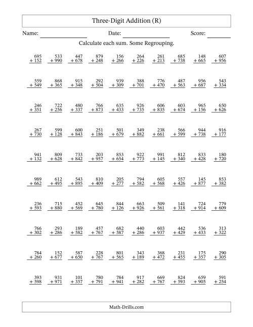 The Three-Digit Addition With Some Regrouping – 100 Questions (R) Math Worksheet
