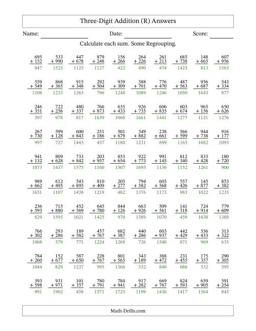 The Three-Digit Addition With Some Regrouping – 100 Questions (R) Math Worksheet Page 2