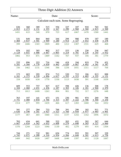 The Three-Digit Addition With Some Regrouping – 100 Questions (S) Math Worksheet Page 2