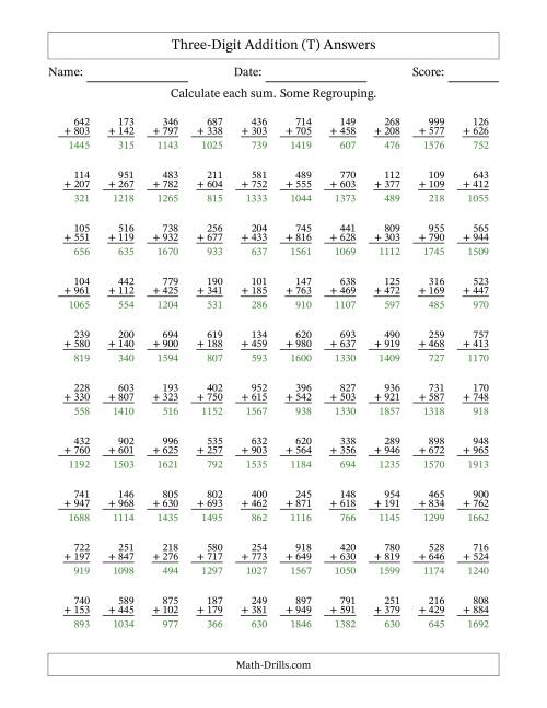 The Three-Digit Addition With Some Regrouping – 100 Questions (T) Math Worksheet Page 2
