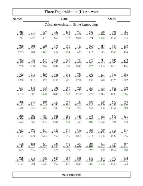 The Three-Digit Addition With Some Regrouping – 100 Questions (U) Math Worksheet Page 2