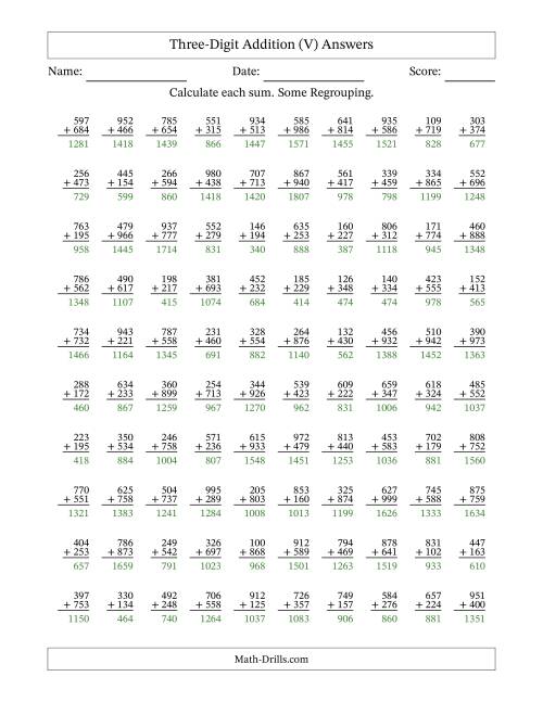 The Three-Digit Addition With Some Regrouping – 100 Questions (V) Math Worksheet Page 2