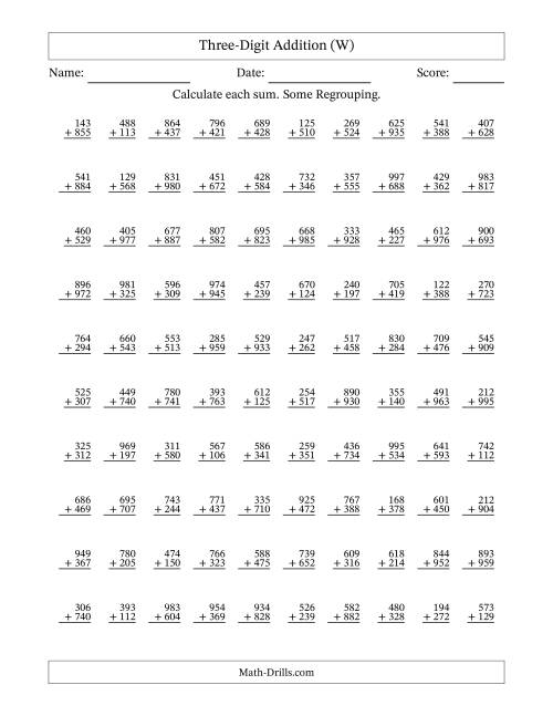 The Three-Digit Addition With Some Regrouping – 100 Questions (W) Math Worksheet
