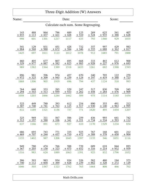 The Three-Digit Addition With Some Regrouping – 100 Questions (W) Math Worksheet Page 2