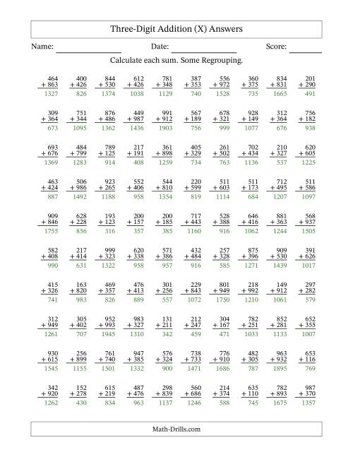 The Three-Digit Addition With Some Regrouping – 100 Questions (X) Math Worksheet Page 2