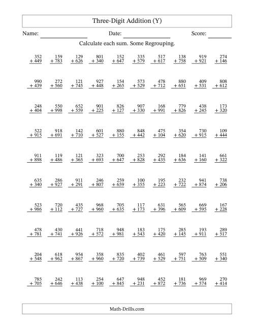 The Three-Digit Addition With Some Regrouping – 100 Questions (Y) Math Worksheet