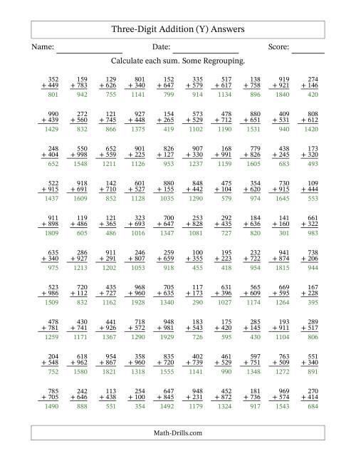 The Three-Digit Addition With Some Regrouping – 100 Questions (Y) Math Worksheet Page 2