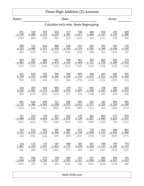 The Three-Digit Addition With Some Regrouping – 100 Questions (Z) Math Worksheet Page 2