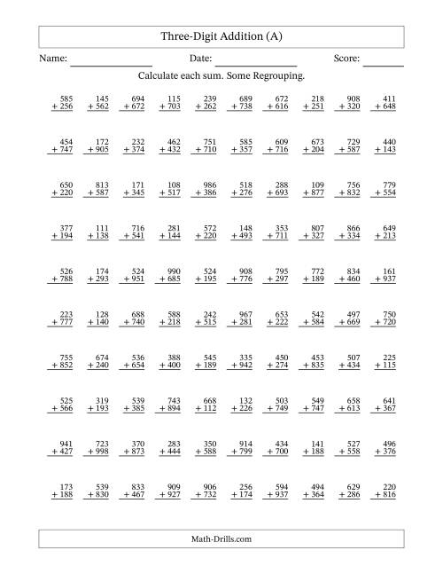 The Three-Digit Addition With Some Regrouping – 100 Questions (All) Math Worksheet