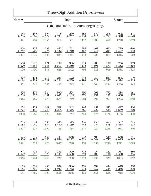 The Three-Digit Addition With Some Regrouping – 100 Questions (All) Math Worksheet Page 2
