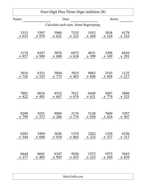 The Four-Digit Plus Three-Digit Addition With Some Regrouping – 49 Questions (B) Math Worksheet