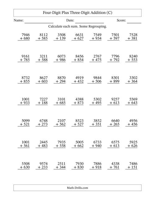 The Four-Digit Plus Three-Digit Addition With Some Regrouping – 49 Questions (C) Math Worksheet