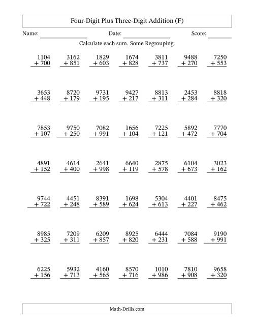 The Four-Digit Plus Three-Digit Addition With Some Regrouping – 49 Questions (F) Math Worksheet