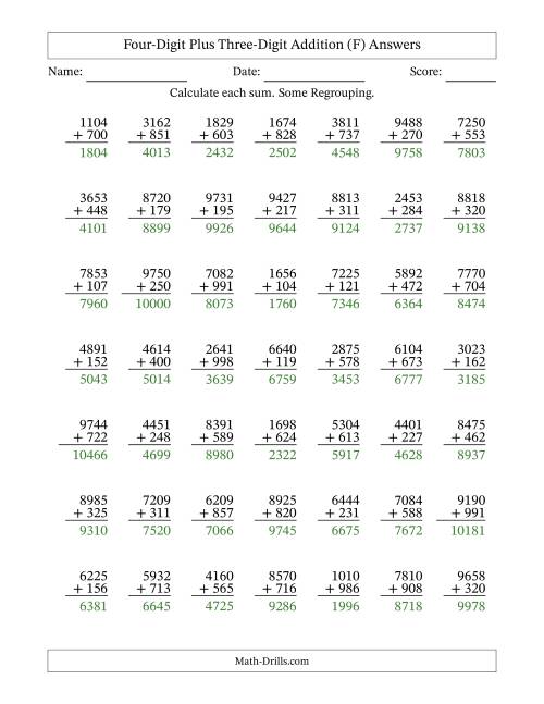 The Four-Digit Plus Three-Digit Addition With Some Regrouping – 49 Questions (F) Math Worksheet Page 2