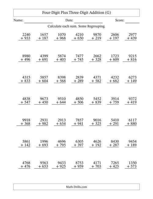 The Four-Digit Plus Three-Digit Addition With Some Regrouping – 49 Questions (G) Math Worksheet
