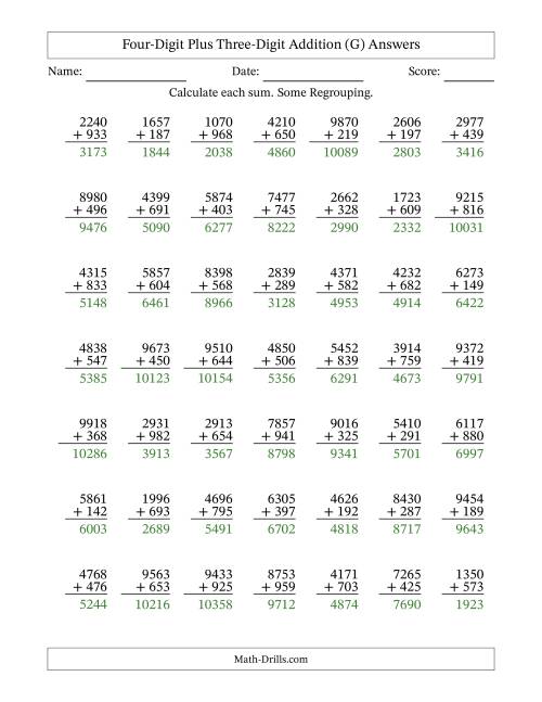 The Four-Digit Plus Three-Digit Addition With Some Regrouping – 49 Questions (G) Math Worksheet Page 2